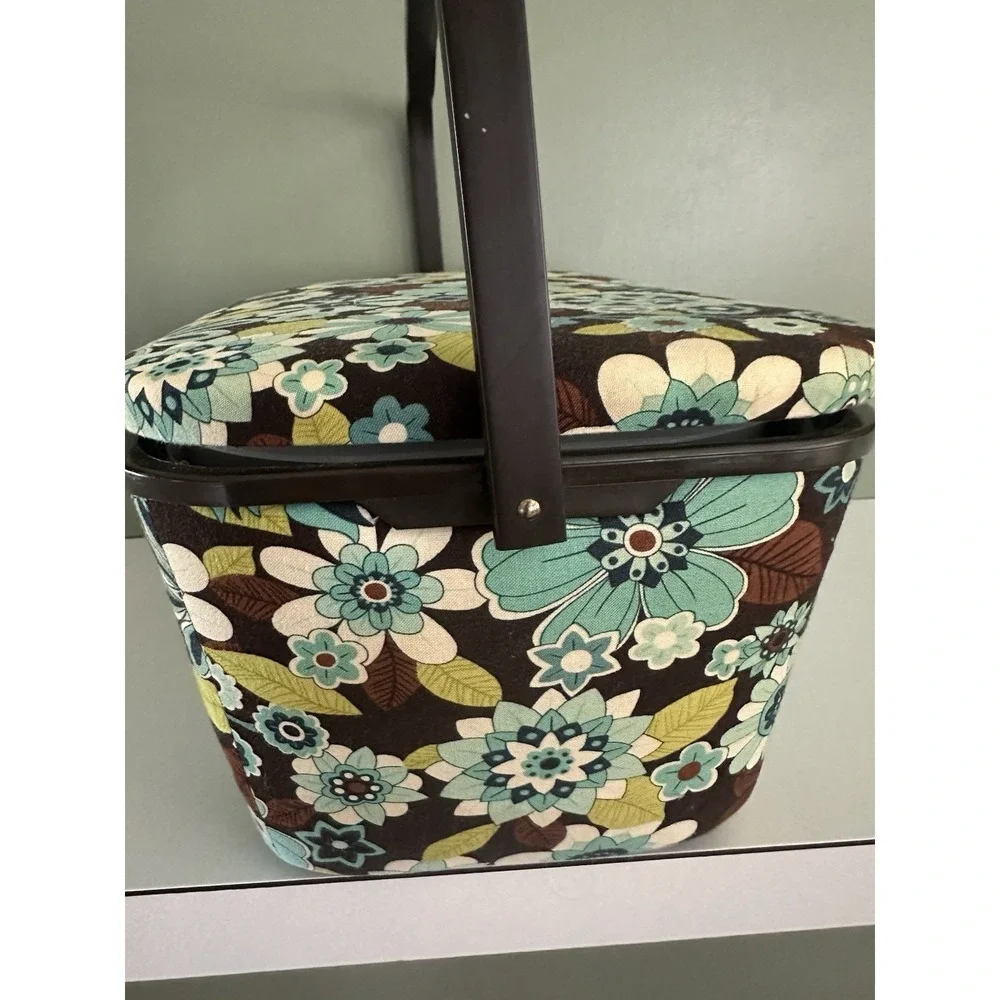 Vintage Dritz Sewing Box Basket Blue & Brown Floral Fabric With Tray Latch Retro